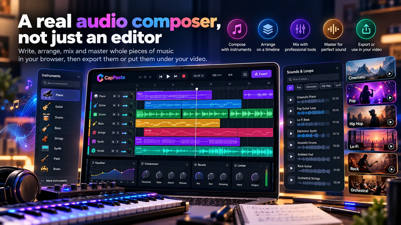 The CapPaste audio composer: compose with instruments, arrange on a timeline, mix with an equalizer, compressor, reverb and limiter, master and export, with instrument tracks for piano, guitar, drums, bass, strings, synth and vocals